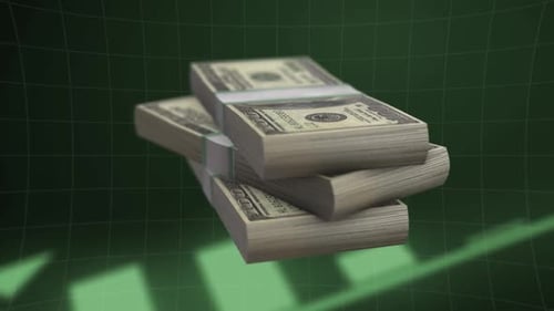 Rotating Stack of Hundred Dollar Bills with Business Infographic in Background