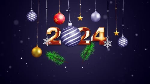 Happy New Year 2024 Greeting with Festive Christmas Ornaments