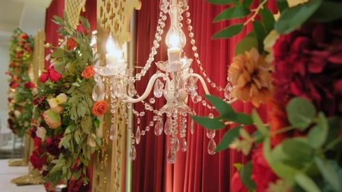 Close Up View of Element of Red Color Interior of a Wedding Hall Wedding Decoration Move Camera
