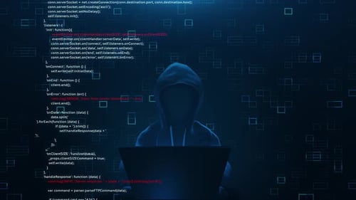 Cyber Hacker with Code on Laptop Digital Stream