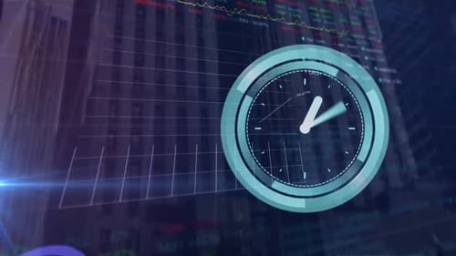 Digital clock ticking against statistical and stock market data processing on blue background