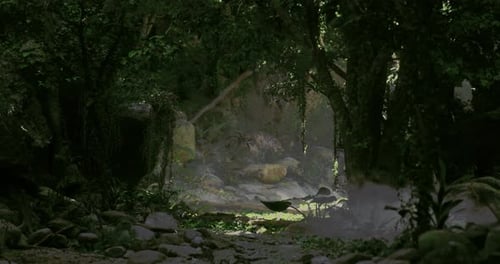 Mysterious Forest Entrance with Mist and Dense Foliage at Dawn