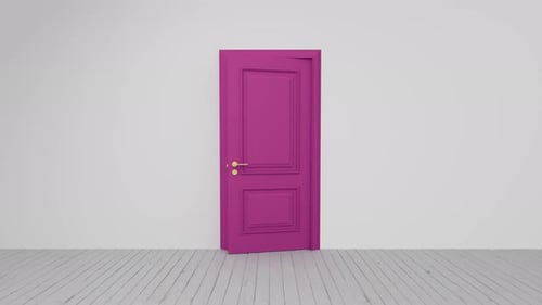 Purple door opening with green screen on white background