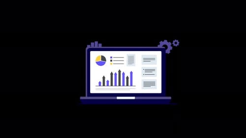 Laptop Displaying Animated Business Data Charts and Graphs