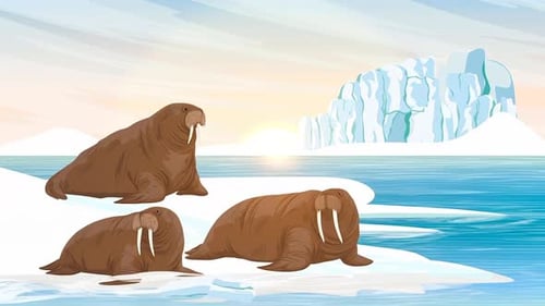 Arctic Walrus Family on Frozen Shores - Arctic Landscape - Antarctic Wildlife - Icebergs