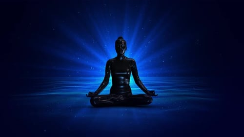 Spirituelle Reise, Meditation, Lotus-Yoga-Position, Reisen, lila Tunnel, leuchtendes Licht im Hintergrund