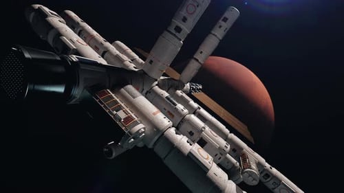 a space station in space orbiting mars. the concept of space travel and settlement of planets