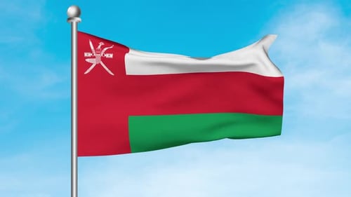 Realistic Oman Flag Waving on Pole with Blue Sky