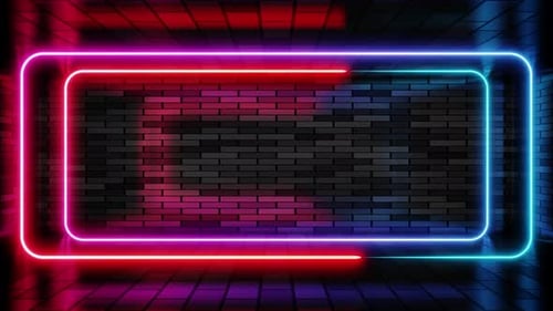 Double neon frame red and blue lights motion loops square on brick wall background 3d render. Neon