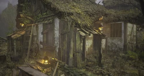 Abandoned Thatch-Roofed Forest Cabin Animation