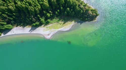 Aerial Forest Lake Landscape on Summer Day Shimmering Water Surface Reflecting