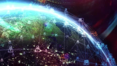 Global Digital Network Connecting User Icons Across Earth