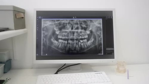 Panoramic X-ray image of teeth on a computer monitor in a dental office.