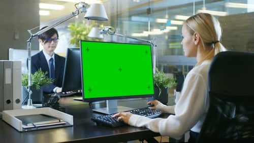 In the Office Businesswoman works at Her Desk on a Personal Computer with Mock-up Green Screen. Col