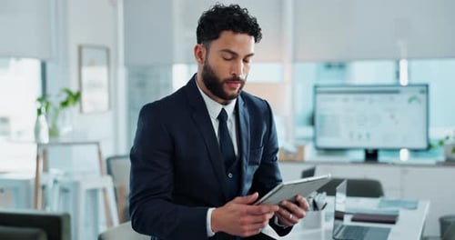 Business man, face and tablet in office for networking, planning and company website or research