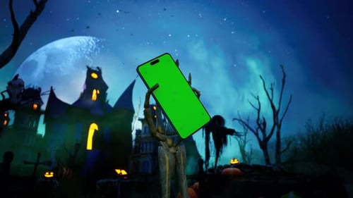 Skeleton Hand Rising Up Smartphone With Green Screen, Halloween