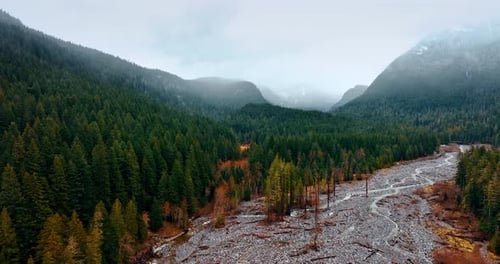 Bare stone-covered area among the pine tree forest. Mighty mountains covered with haze at backdrop