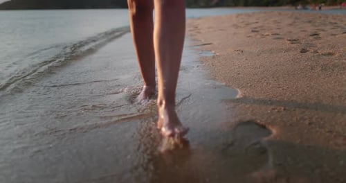 Woman Barefoot Legs Close Up Walking Sand Beach