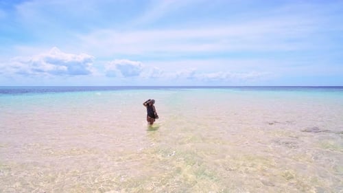 Aerial Drone Quadcopter of Young Woman Walking on Beach With