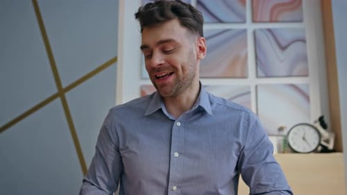 Pov View Online Director Having Conversation in Office Happy Man Video Call