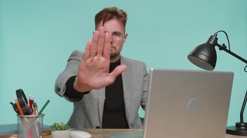 Business Man at Office Say No Hold Palm Folded Crossed Hands in Stop Gesture Warning of Finish