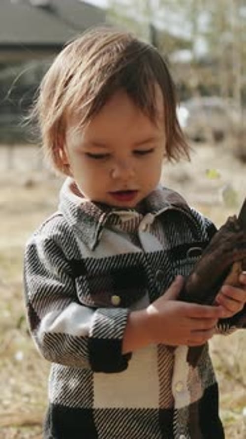 Vertical Screen A Child is Having Fun Playing Smiling on the Street and Collecting Firewood for a