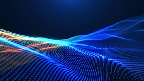 Smooth glowing digital waves seamless motion. Yellow and blue gradient waves with soft light