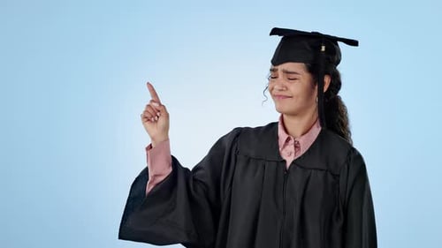 Choice, graduate or student pointing at studio for news, university promotion