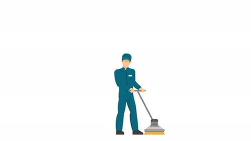 Flat Design Janitor Cleaning Floor Animation