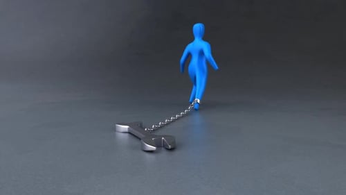 Struggling Blue Figure Dragging Wrench with Chain