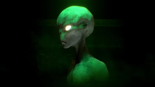 Mysterious Alien Creature with Glowing Eyes and Green Mist