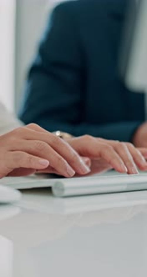 Technology, keyboard and hands of businesswoman type in office for research on finance report