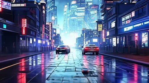 Futuristische Stadtstraße bei Nacht, nasser Bürgersteig, Neonlichter, Autos