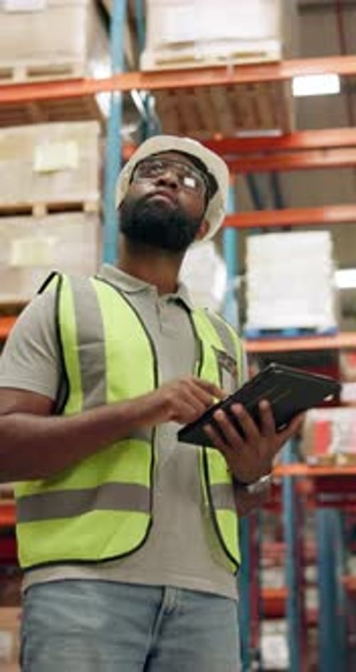 African man, tablet or inspection in warehouse with inventory for supply chain