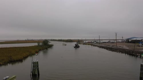 Aerial view of levee and clean up efforts in Pointe Aux Chêne Louisiana post hurricane Ida