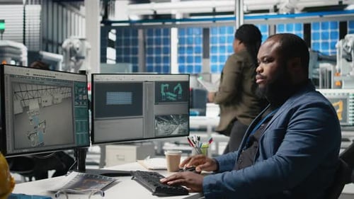 Afroamerikanischer Meisteringenieur überprüft den Betrieb einer Solartechnologieanlage
