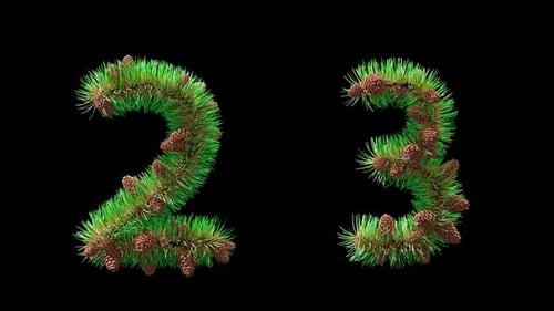 3D numbers 2 and 3 with pine needles and cones. Alpha channel.