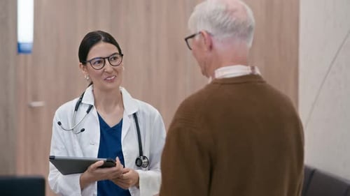 Female Doctor with Tablet Listening to Elderly Patient in Clinic Hall