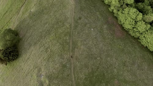 Top-down view of the young athletic man on MTB e-bike riding down the hill.