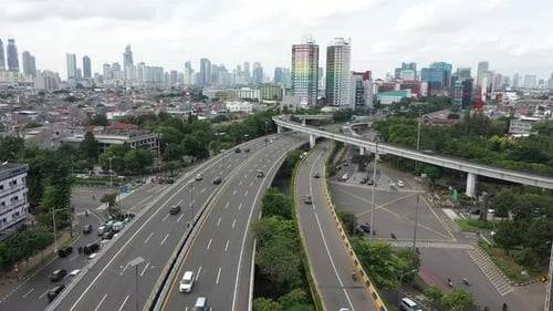 Aerial video above view of downtown Jakarta, central business district