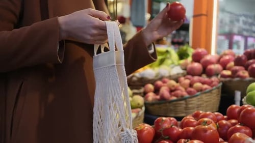 Young Woman Choosing Tomatos at Fruit Vegetable Shelf in Grocery Store Healthy Food Nutrition