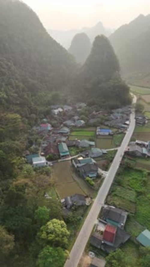 Aerial View of Farmland and Mountains in Vietnam, Cao Bang in vertical view