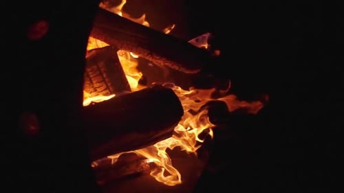 Vertical slow motion footage of flames burning in a campfire.