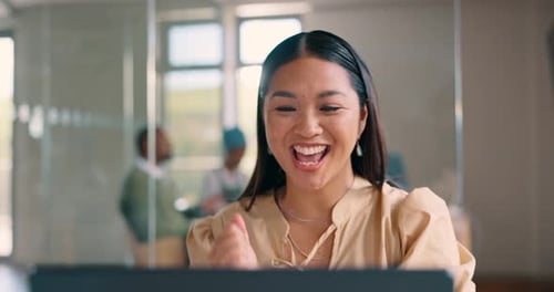 Laptop, celebrate and business woman reading infographic of stock market growth