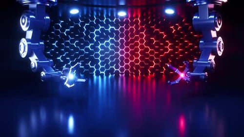 Empty stage with mechanical arm in the neon background