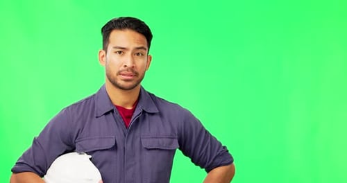 Green screen, engineer and Asian man shake head for disappointed, no and negative gesture in studio