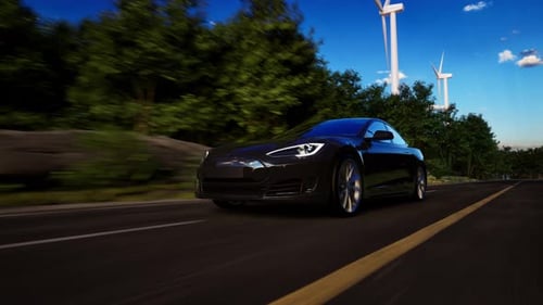 3D render of generic electric car drives on a Road with wind turbines in the background