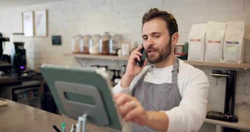 Man, waiter and tablet with phone call at cafe for online order, customer reviews