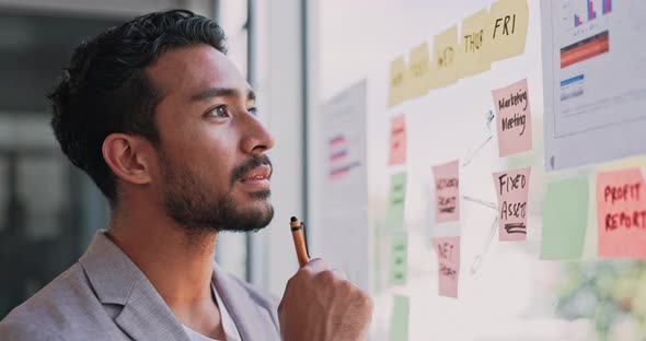 Thinking, planning and business man on glass for project management ...