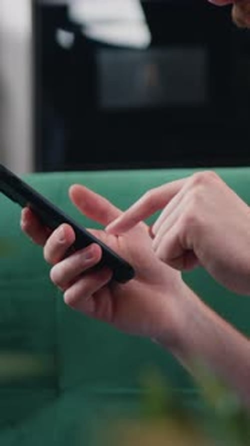 Side View Closeup Hands of Man Using Smartphone Mobile Social Media Apps Texting Messages Buying